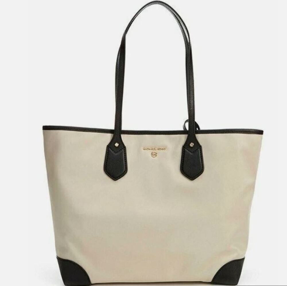 Michael Kors Eva Nylon Tote Sand Beige and Black Leather Trim Medium Travel Bag